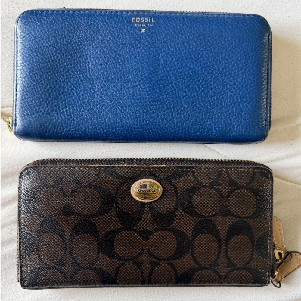 Fossil Blue Leather & Coach Signature Monogram Zip Around Wallets Bundle